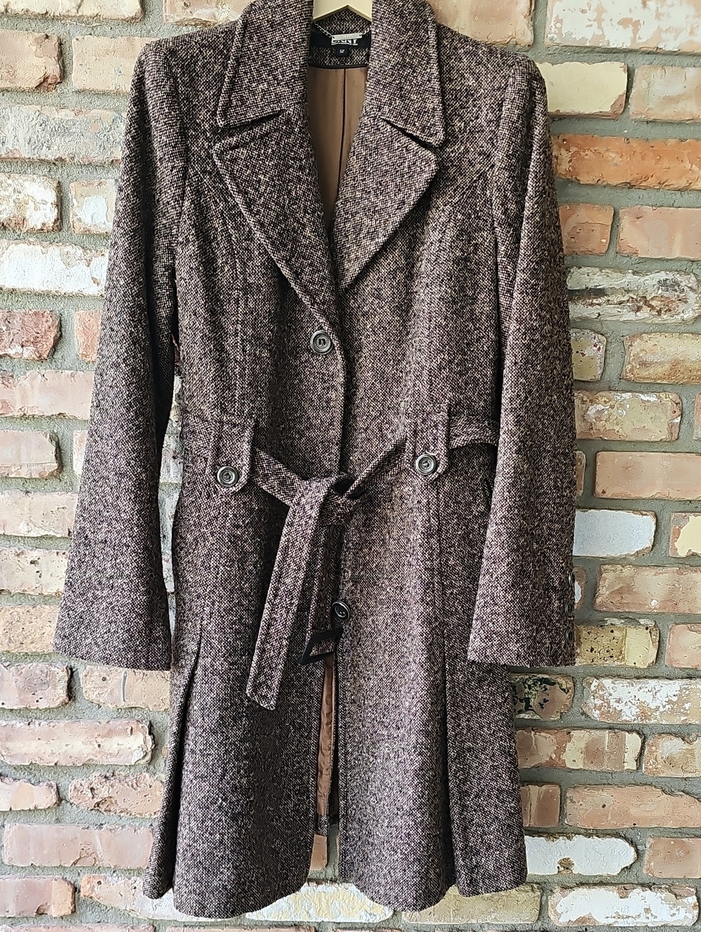 DKNY Belted Brown Tweed Winter Coat